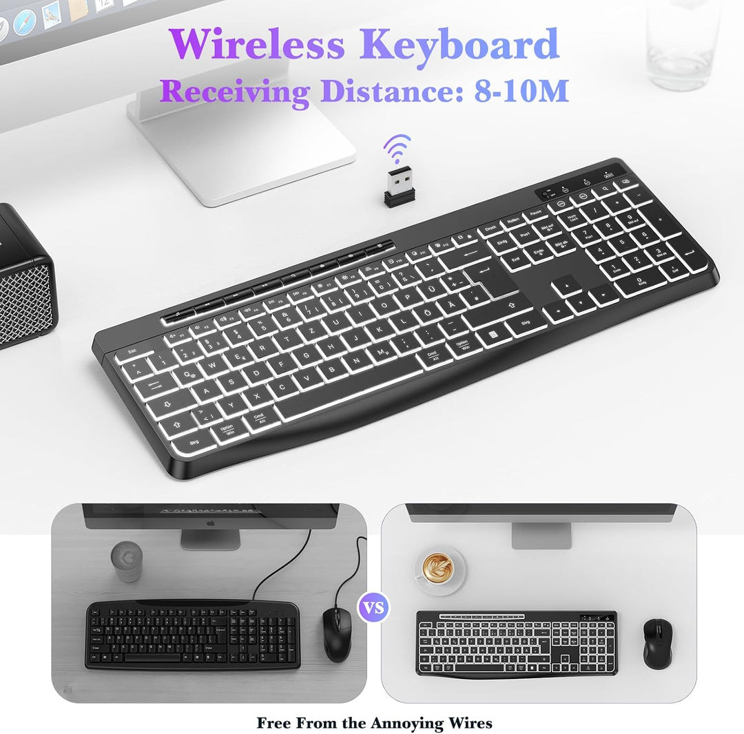 TECURS Tastatur Kabellos Gaming PC- Leise Tastatur QWERTZ Weiss Beleuchtet Ergonomisch Wasserdicht,