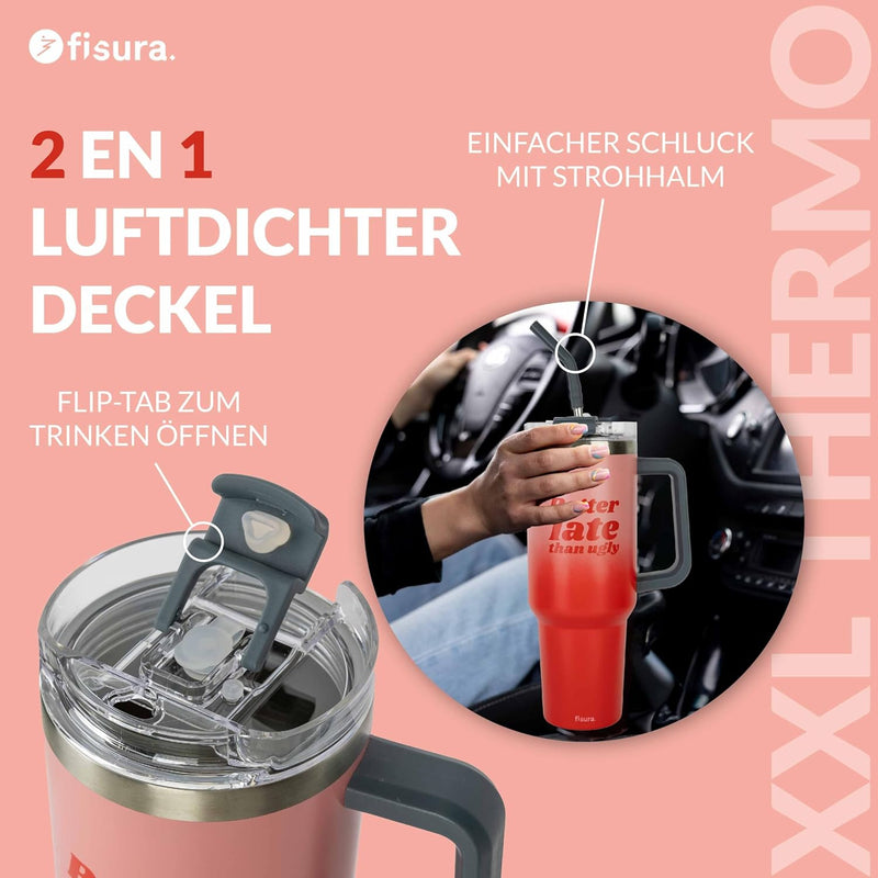 Fisura – Thermoflasche 1,2 Liter "Better late“. Grosse Thermoflasche in rosa. Flasche aus Edelstahl.