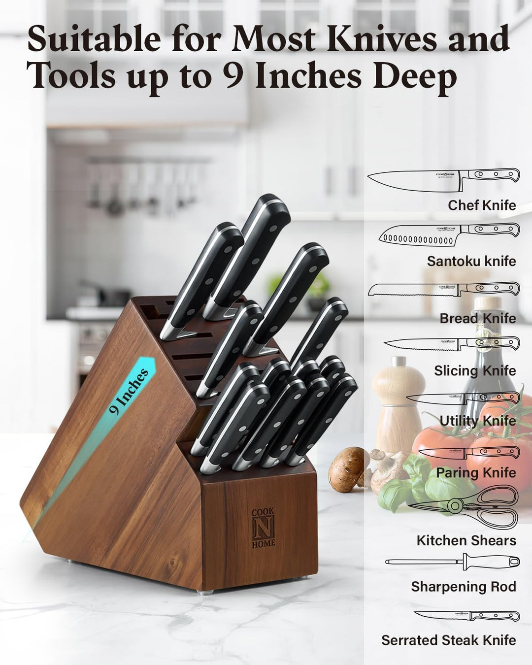Cook N Home Messerblock aus Akazienholz, ohne Messer, 20 Schlitze, Universal-Messerhalter, Arbeitspl