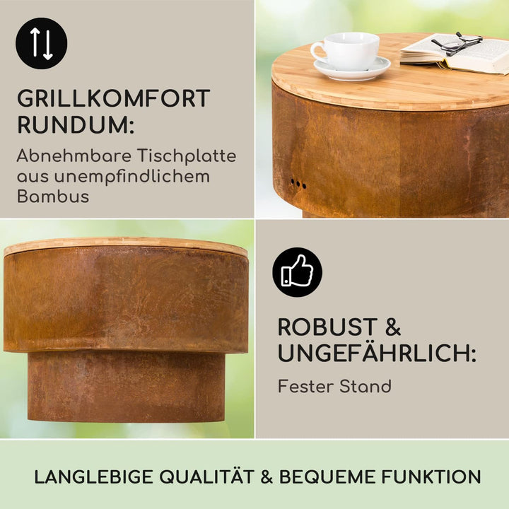 Blumfeldt Feuerschale für den Garten, Feuerschale mit Grillrost & Bambusplatte für Feuerschale, Stah
