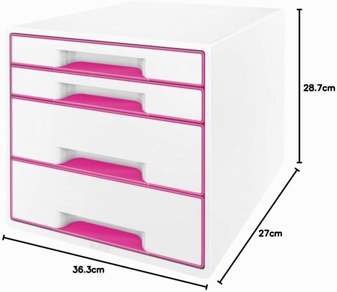Leitz CUBE Schubladenbox mit 4 Schubladen, Weiss/Pink, A4, Inkl. transparentem Schubladeneinsatz, WO