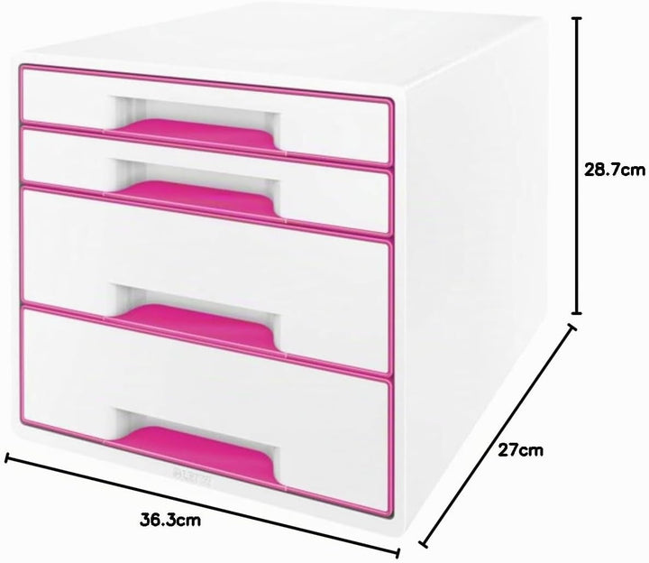 Leitz CUBE Schubladenbox mit 4 Schubladen, Weiss/Pink, A4, Inkl. transparentem Schubladeneinsatz, WO