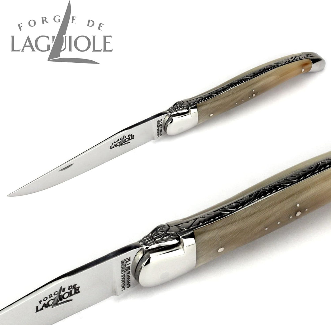 Forge de Laguiole Taschenmesser - 12 cm - Griff geflammte Hornspitze - Klinge 10 cm glänzend - Backe