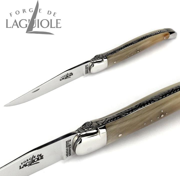 Forge de Laguiole Taschenmesser - 12 cm - Griff geflammte Hornspitze - Klinge 10 cm glänzend - Backe