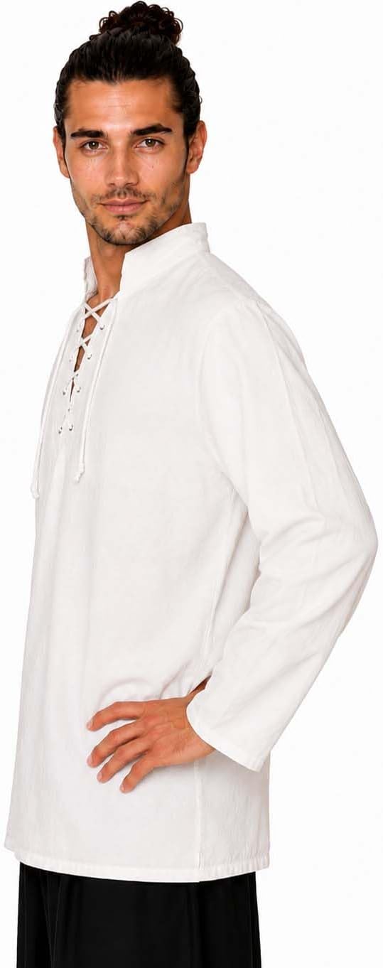 MAYLYNN Mittelalter Hemd Piratenhemd Wikinger Kelte Fischerhemd Yagumir, Gr. L L Weiss, L Weiss