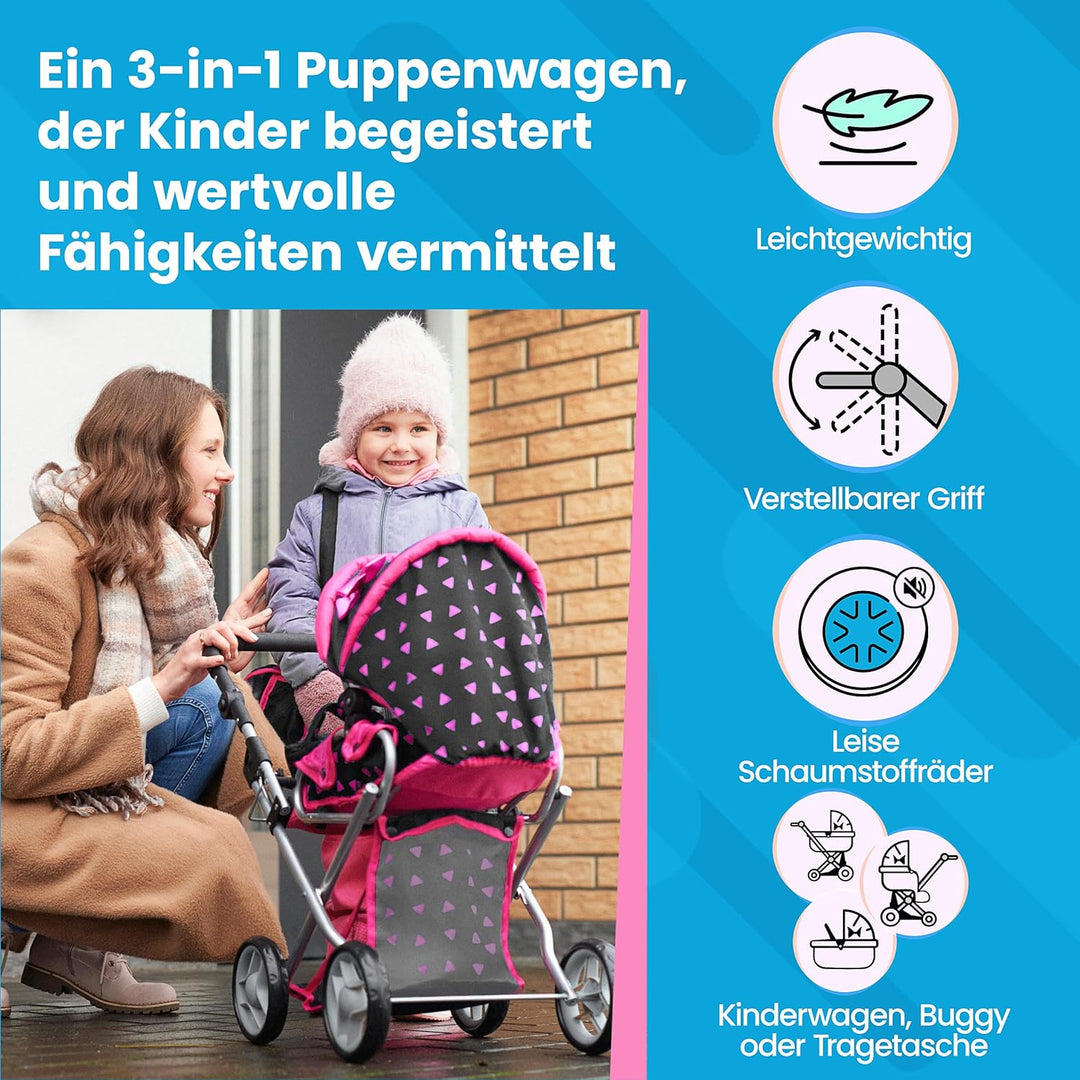 Kinderplay Puppenwagen ab 1 2 3 Jahre Kinderwagen Spielzeug - 3 in 1, Puppenwagen mit Herausnehmbare