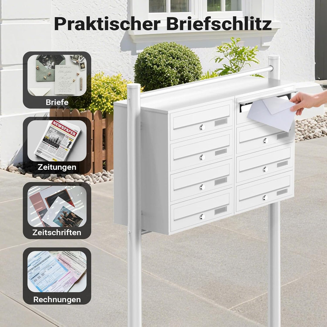 Wiltec 8er Briefkastenanlage weiss 945 x 270 x 1500 mm, Standbriefkasten mit 2x4 Fächern, Schlüssel