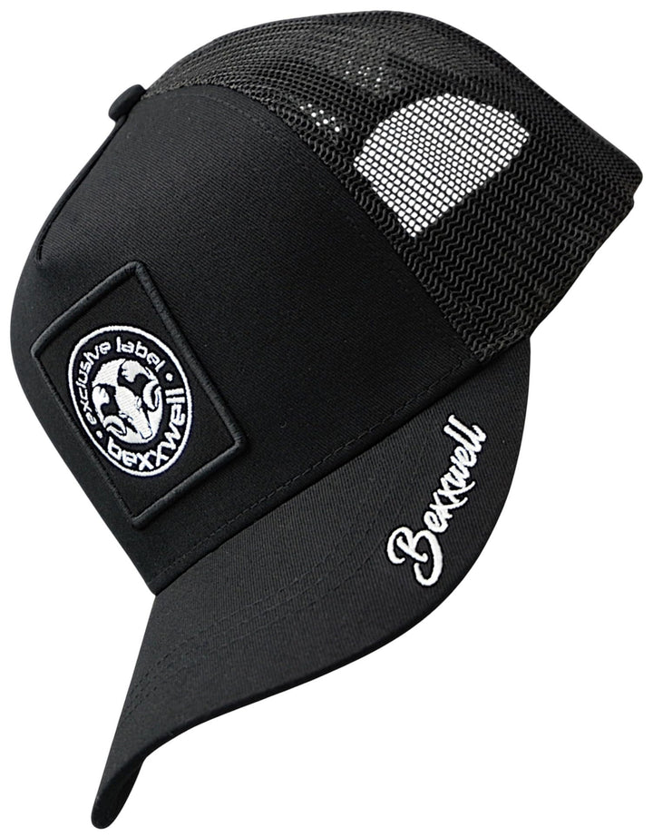 Bexxwell Trucker Cap schwarz mit Logo-Patch (optimale Passform, Kappe, Black, Truckercap, Logo, Cap,