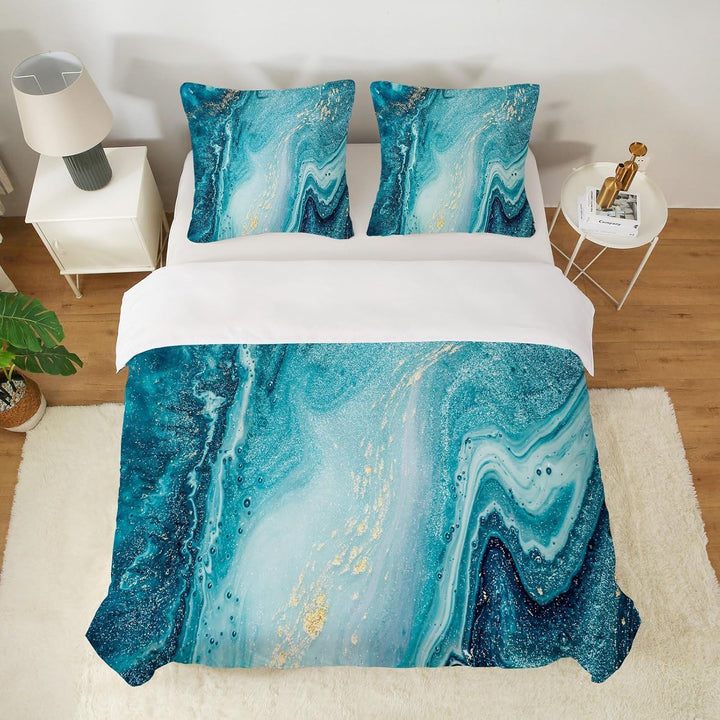 HOMHOMHA Marmor Bettwäsche 200x200 3D-Druck Bettwäsche-Set Blauer Marmor Bettbezug 200x200cm und 2 K
