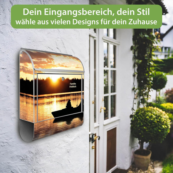 banjado® Design Briefkasten personalisiert mit Motiv Angler 39x47x14cm & 2 Schlüssel - Briefkasten S