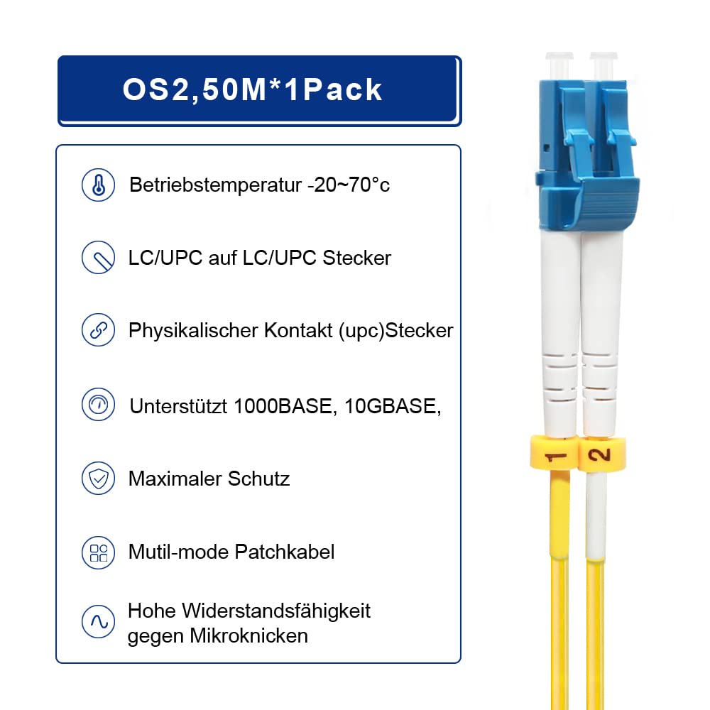 FLYPROFiber 50M OS2 LC auf LC LWL Glasfaser Patchkabel | Längenoptionen: 0,2m-200m, 1G/10GB Singlemo