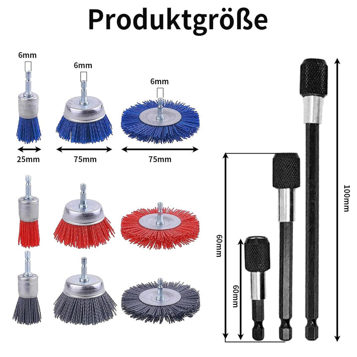 GIONAR 9 Stück Schleifaufsatz für Bohrmaschine, Nylonbürste mit 1/4 Zoll Sechskantschaft, Topfbürste