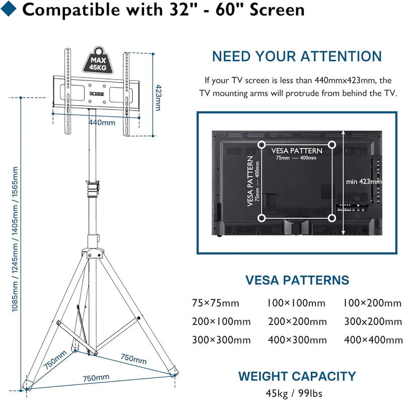 BONTEC TV Ständer Stativ TV Bodenständer Schwenkbar Neigbar höhenverstellbar für 32-60 Zoll LCD LED