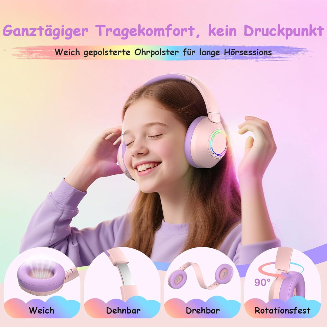 Noise Cancelling Kopfhörer Kinder, Kinderkopfhörer Bluetooth, Bunte RGB LED Leuchte, 60h Spielzeit,