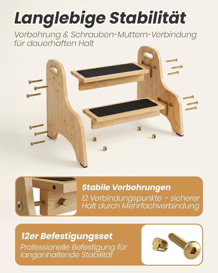 Tritthocker Kinder aus Holz – extra stabil & rutschfest, Anti-Rutsch Stufen, sichere Rundkanten, Fes