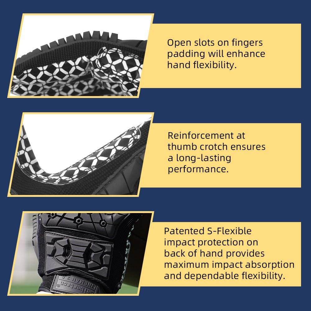 Seibertron Lineman 2.0 Padded Palm Football Receiver Gloves, Flexible TPR Impact Protection Back of