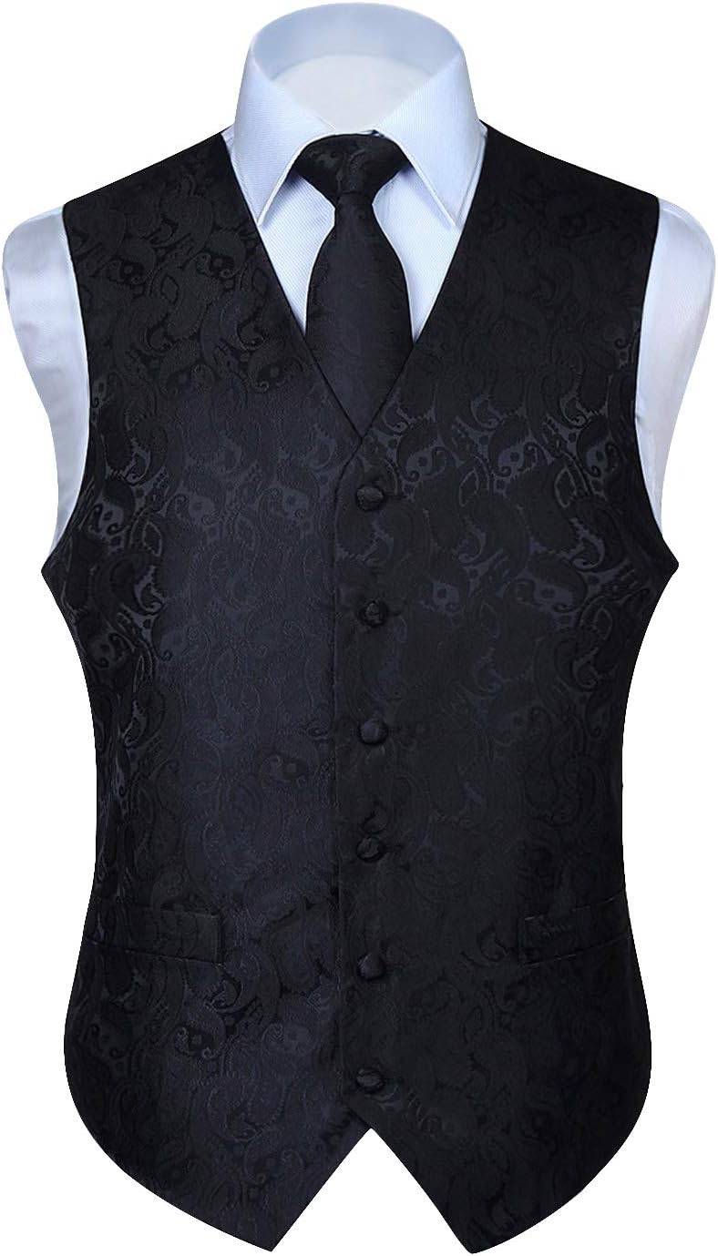 HISDERN Herren FLoral Hochzeit Weste Krawatte Einstecktuch Taschentuch Jacquard Weste Anzug Set M Sc