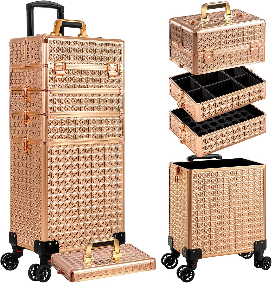 Arous 5-in-1 Profi-Kosmetikkoffer, Aluminium, mit 360° drehbaren Rädern Gold, Gold
