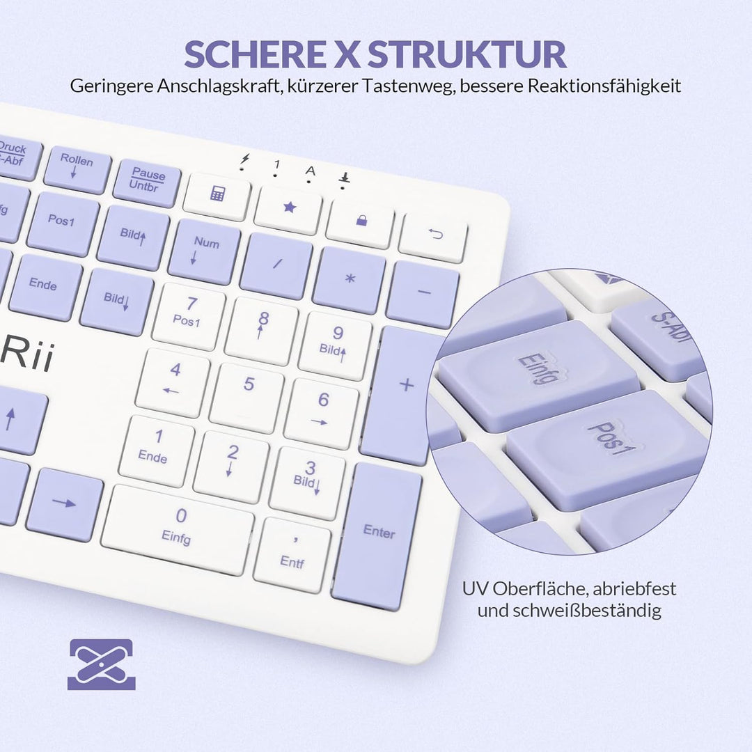 Rii Tastatur Kabellos Büro, Wireless Keyboard Office mit QWERTZ, Kabellose Tastatur Weiss mit 2.4GHz