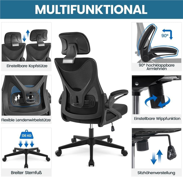 Yaheetech Bürostuhl Ergonomisch, Schreibtischstuhl mit Hochklappbaren Armlehnen, Drehstuhl mit Rücke