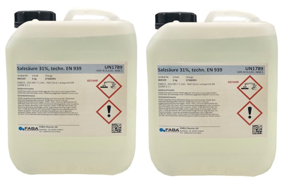 FABA Salzsäure 31%, 2 x 5 L ca. 12 kg, vielseitig einsetzbar, Zementschleierentferner und Entkalker