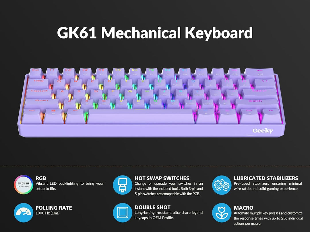 Geeky GK61 60% | Hot Swappable Mechanische Gaming-Tastatur | 61 Tasten Multi Color RGB LED Hintergru