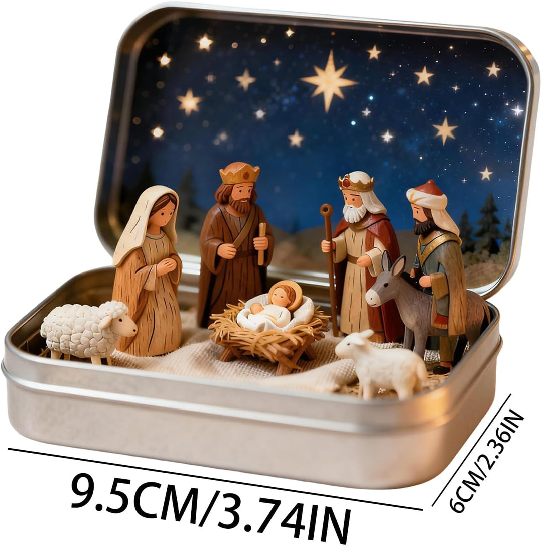 Mini-Weihnachtskrippen-Set in dekorativer Blechdose, Harzfiguren mit Sternennacht-Hintergrund, 9,5 x
