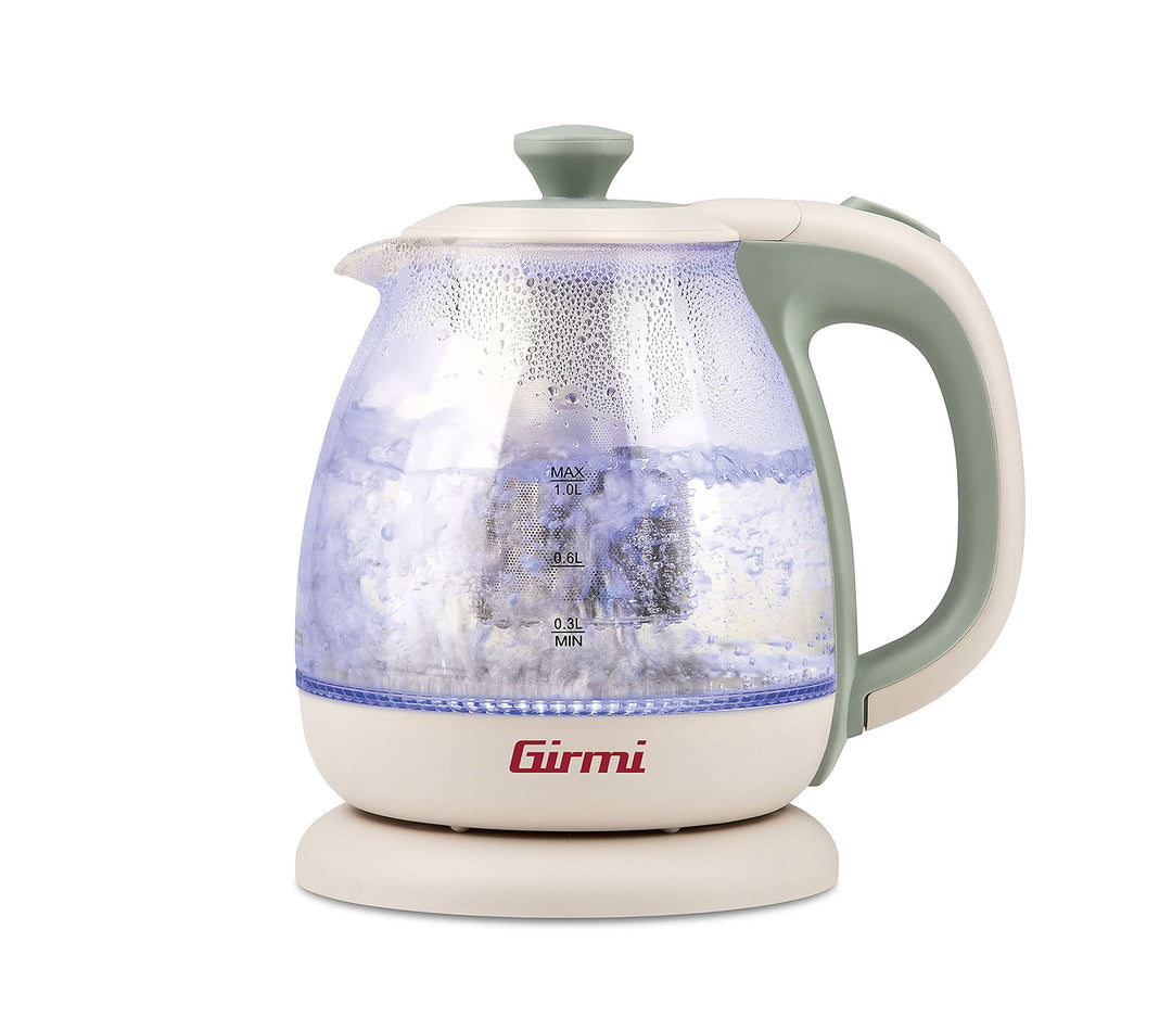 Girmi Wasserkocher + Teekanne BL41 aus Glas, 1100 W, schnurlos, 1 Liter, Wassergrün, BL4105, Teal Kr