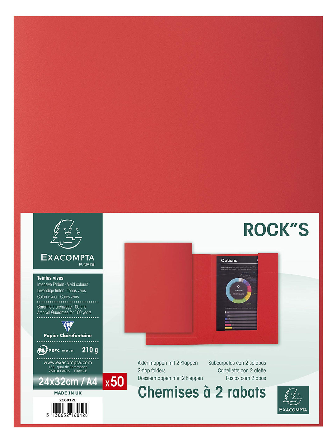 Exacompta - 216012E - Rock''s 210 Klappenmappe, 210 g/m², A4, Rot, 50 Stück, rot