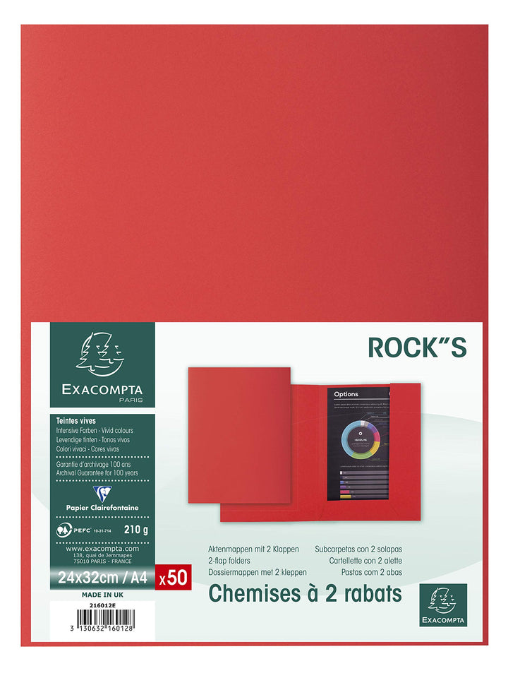 Exacompta - 216012E - Rock''s 210 Klappenmappe, 210 g/m², A4, Rot, 50 Stück, rot