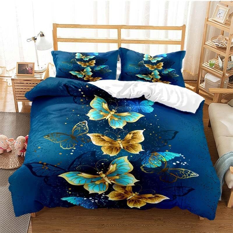 EHAOKK Goldener Schmetterling bettbezug,Blauer,Lila,Buntes Fantasie Schmetterling bettbezug,3D Schme