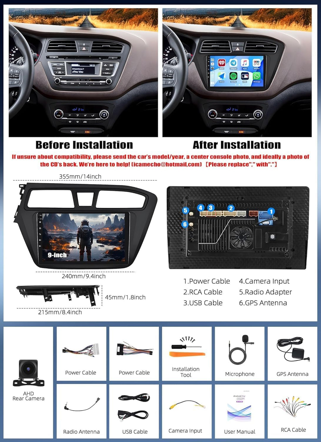 CAMECHO Android 15 Qualcomm Octa Core 4G+64G Autoradio für Hyundai i20 (2015-2018) mit Carplay Andro