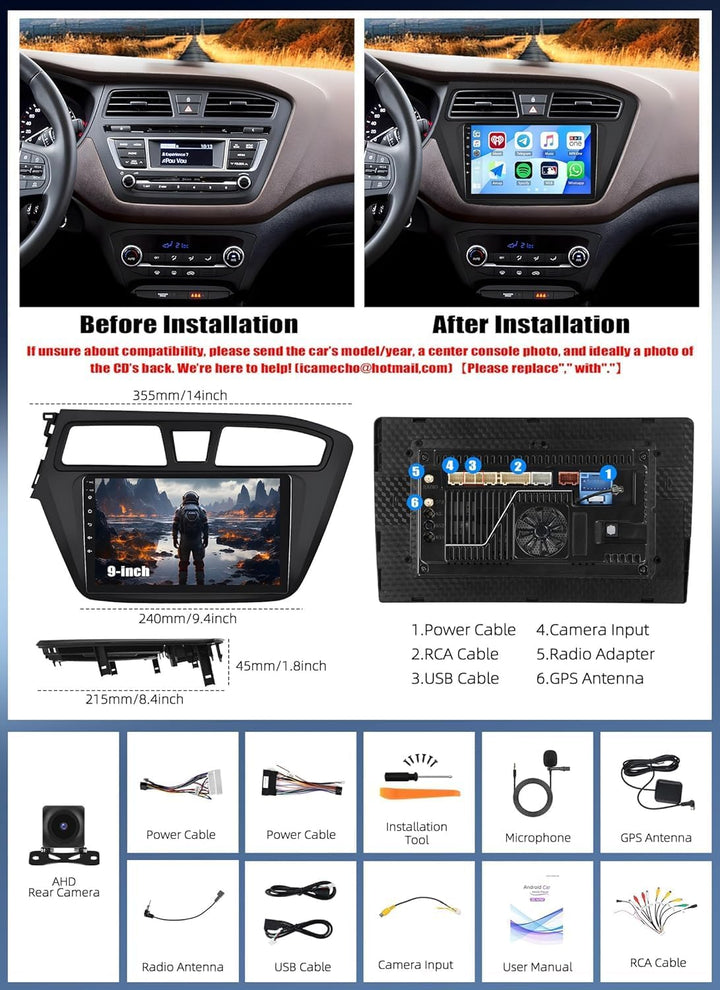 CAMECHO Android 15 Qualcomm Octa Core 4G+64G Autoradio für Hyundai i20 (2015-2018) mit Carplay Andro
