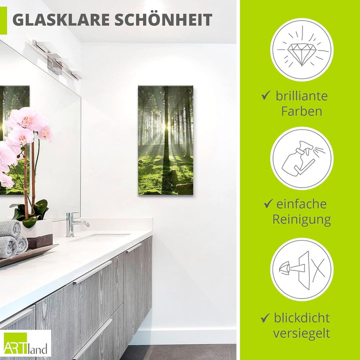 Glasbilder Wandbild Glas Bild einteilig 30x60 cm Hochformat Natur Wald Landschaft Sonne Bäume Moos F
