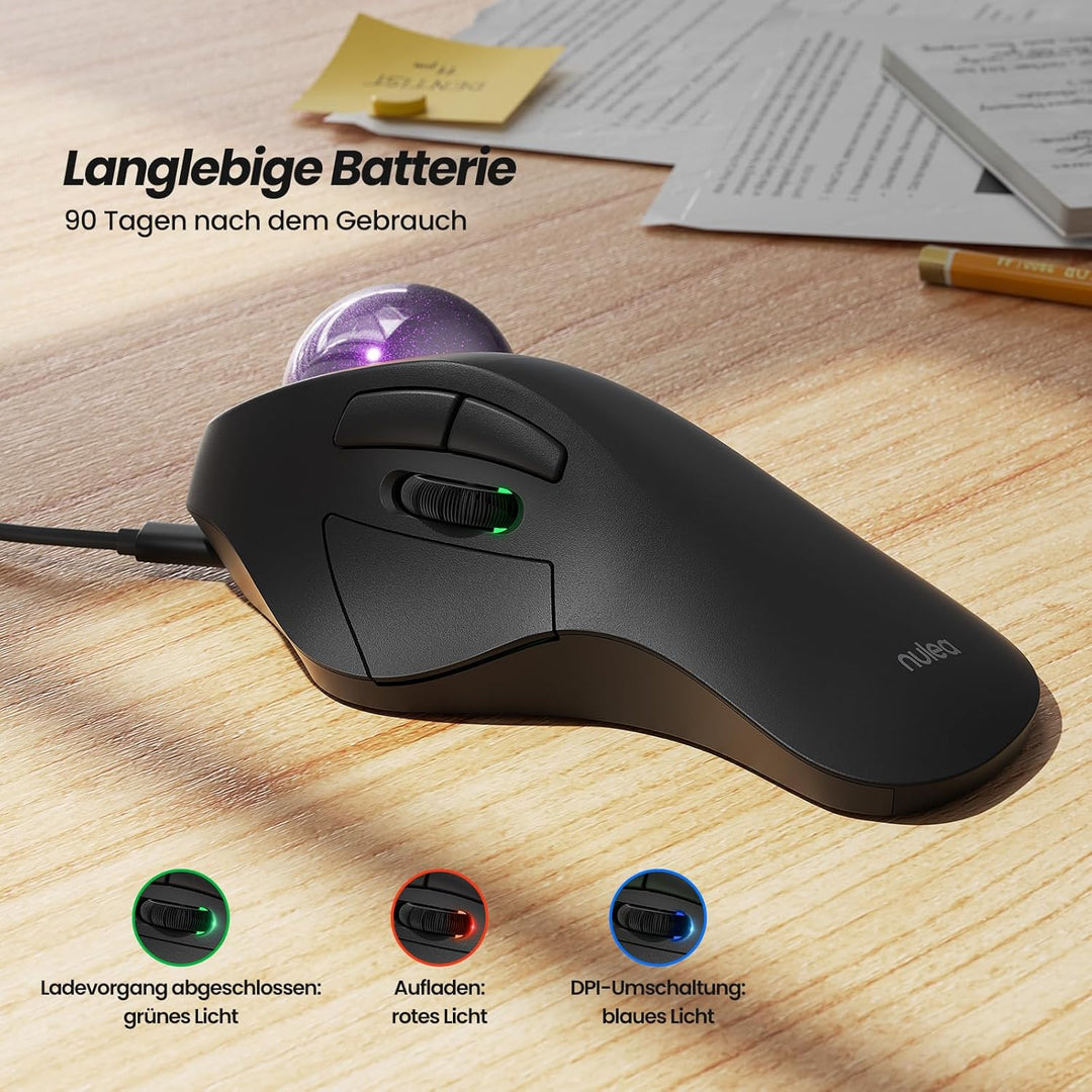 Nulea Kabellose Trackball-Maus,Ergonomisch & Wiederaufladbar,Zeigefingersteuerung,5-stufig DPI (1600