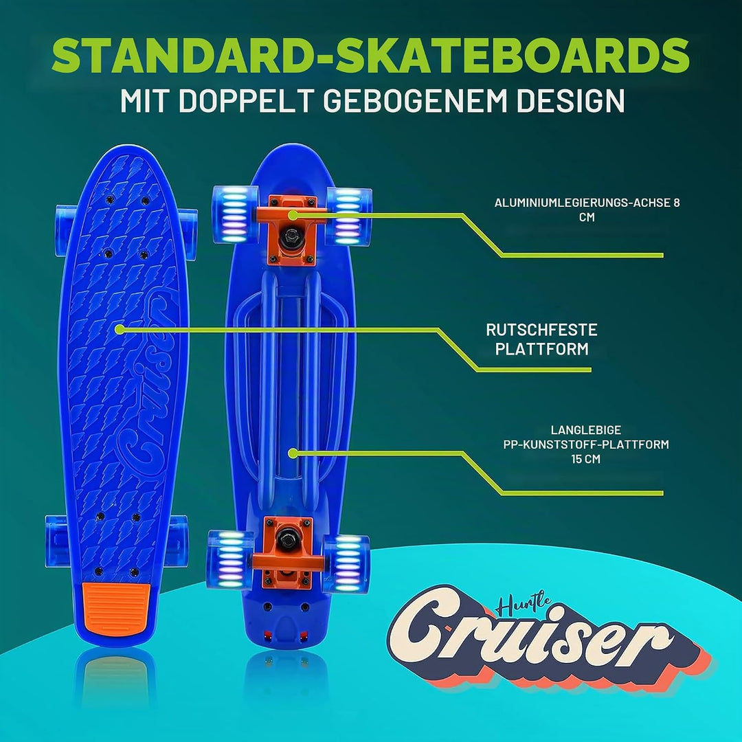 Hurtle Skateboard Kinder ab 6 Jahre, Mini Skateboard mit LED Leuchtrollen, 55cm Pennyboard mit Anti-