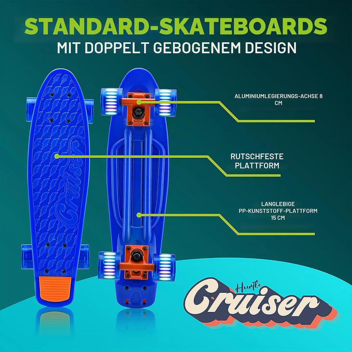 Hurtle Skateboard Kinder ab 6 Jahre, Mini Skateboard mit LED Leuchtrollen, 55cm Pennyboard mit Anti-
