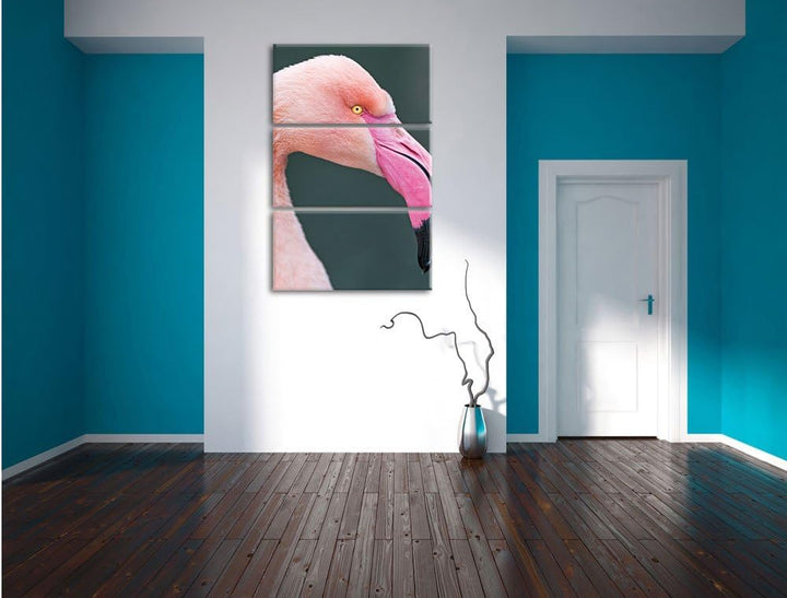 Pixxprint Flamingo im Seitenprofil 3-Teiler Leinwandbild 120x80 Bild auf Leinwand