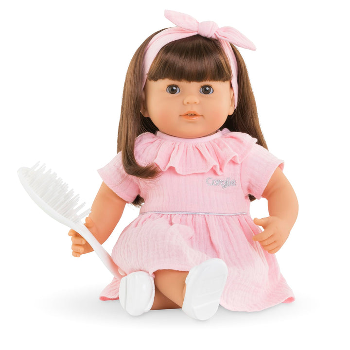 Corolle Mon Grand Poupon Julie, 36cm Weichkörperpuppe mit langem braunen Haar, inkl. Bürste, Schlafa