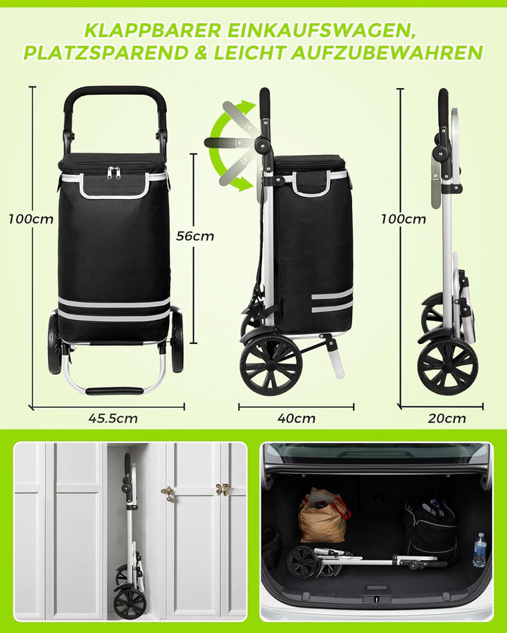 Oak & Tea Einkaufstrolley 3 IN 1 Klappbar, Leicht & Robust (50kg Traglast, 56L) mit 2 Rädern & Verst