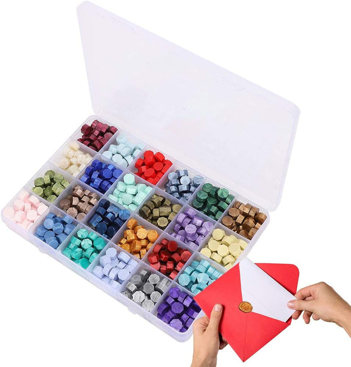 Siegel Wachsperlen Set verpackt in Plastikbox Retro 24 Farben Achteck Form Wachs Siegelstempel DIY H