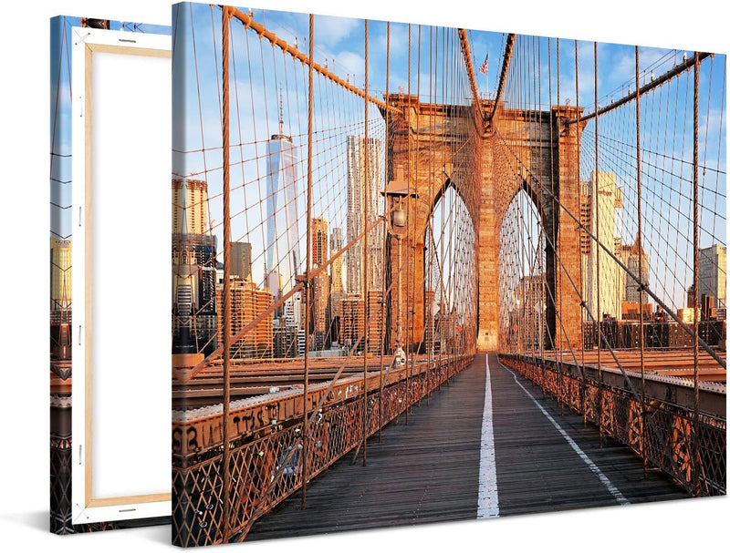 PICANOVA – Bild auf Leinwand New York Brooklyn Bridge 100x75cm – Leinwandbild – Premium Leinwanddruc