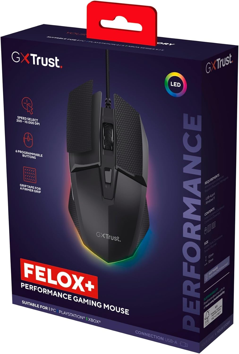 GXTrust 121 Felox+ Programmierbare Gaming Maus mit Grip Pads, 10000 DPI, USB Kabel 180 cm, Mehrfarbi