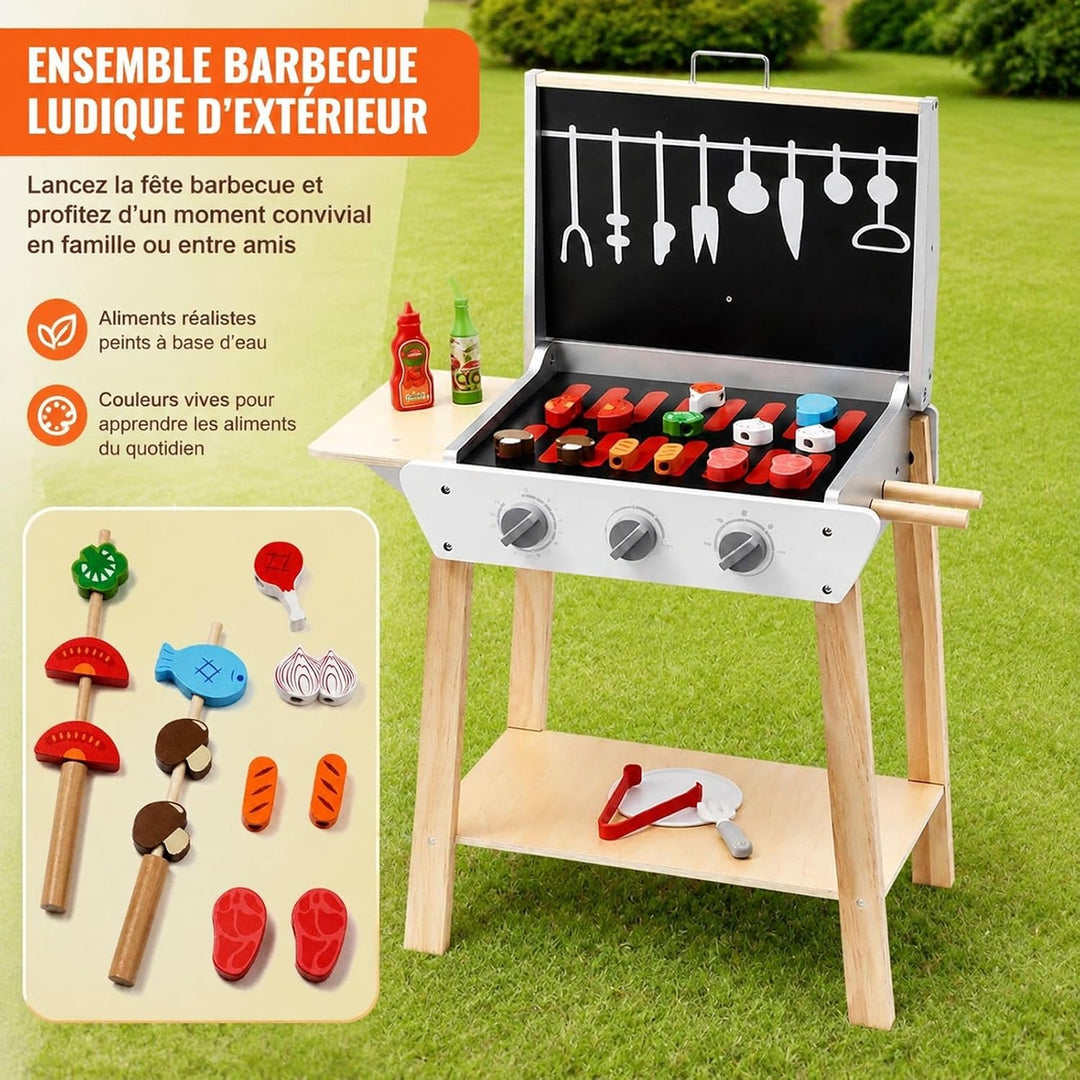 BBQ Grill Spielzeugset aus Holz 21-teilig mit Spiellebensmitteln und Grillzubehör für Rollenspiel Kü