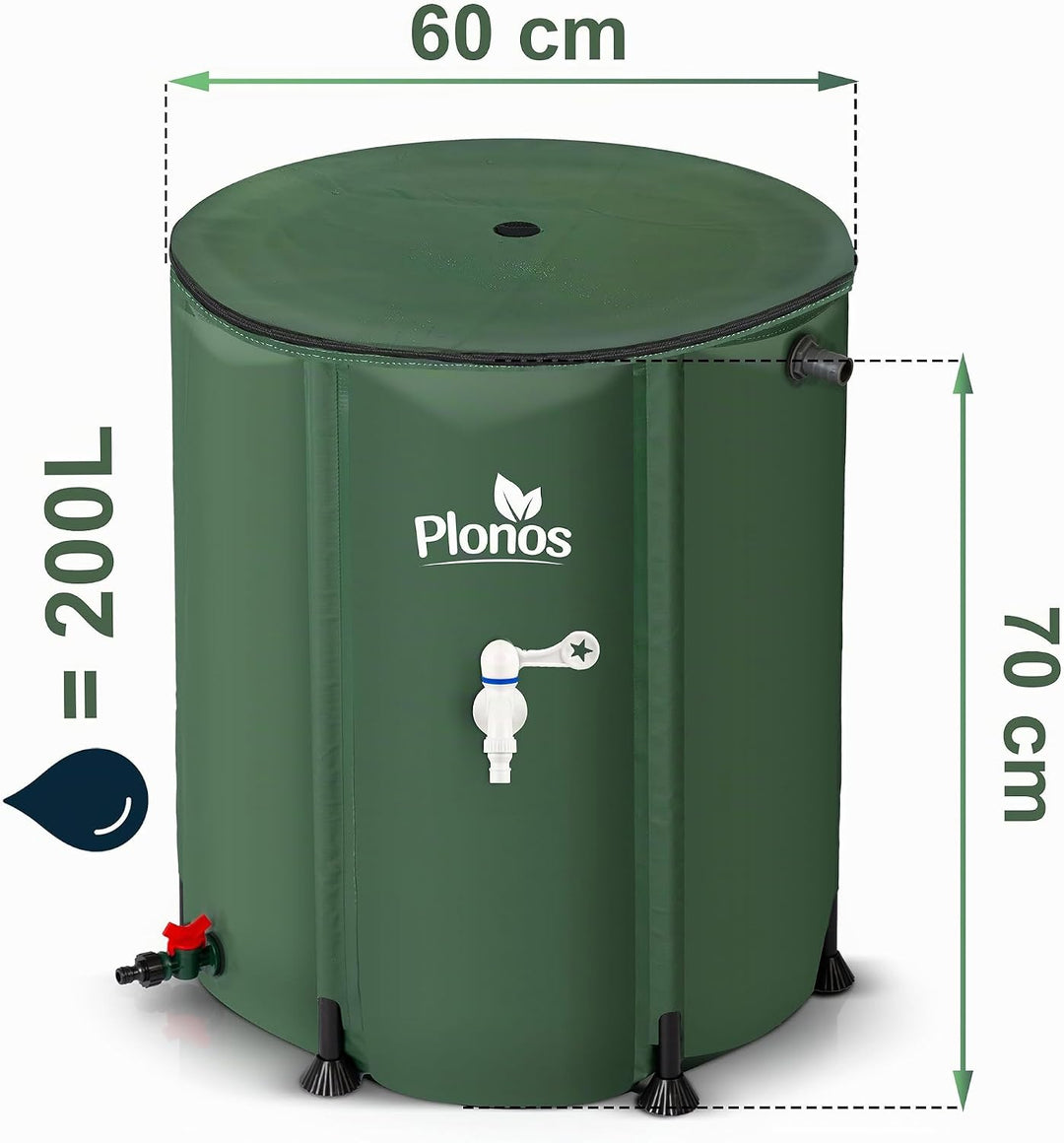 Regentonne Regenfass 200 L Mit Auslaufhahn PVC UV Beständig 70 x 60 cm Grün, 200