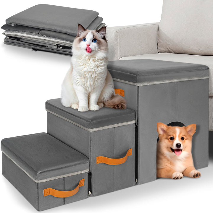 Haustiertreppe 3 Stufen mit Zwingerdesign Hundetreppe Zusammenklappbar mit Stauraum,Kombinierte Verw