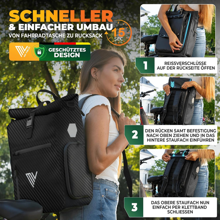 MIVELO 3in1 Fahrradtasche für Gepäckträger I Rucksack &amp; Gepäckträgertasche hinten - in 15 Sekunden u