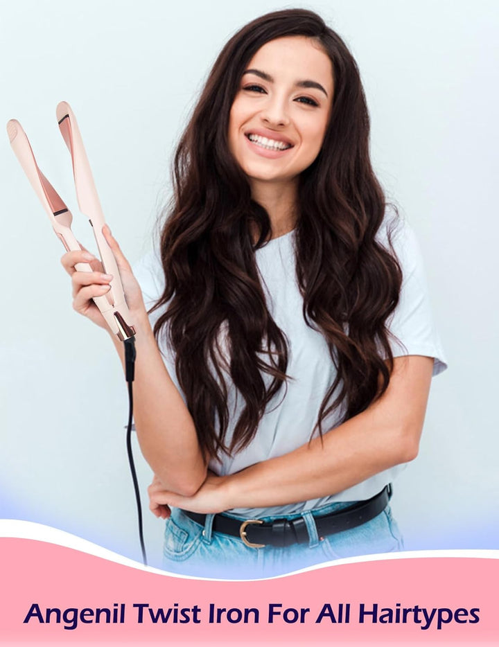 ANGENIL Pro Twist Glätteisen für Damen, 2-in-1 Glätteisen und Lockenstab, rundes, rosafarbenes Haarg