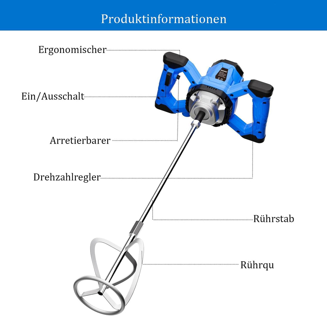 AZZUNO Zementmischer Elektrische Betonmischer 110 V Handmischer mit 6 einstellbaren Rührwer, tragbar