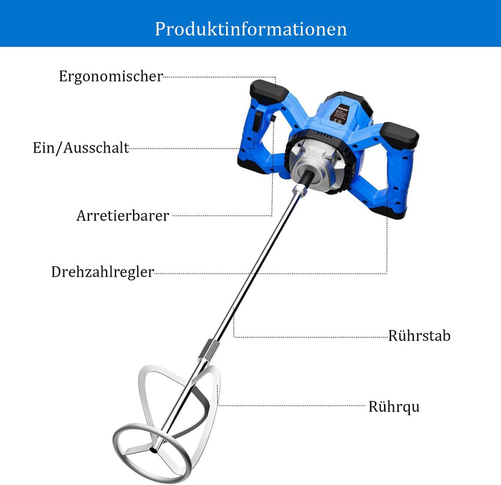 AZZUNO Zementmischer Elektrische Betonmischer 110 V Handmischer mit 6 einstellbaren Rührwer, tragbar